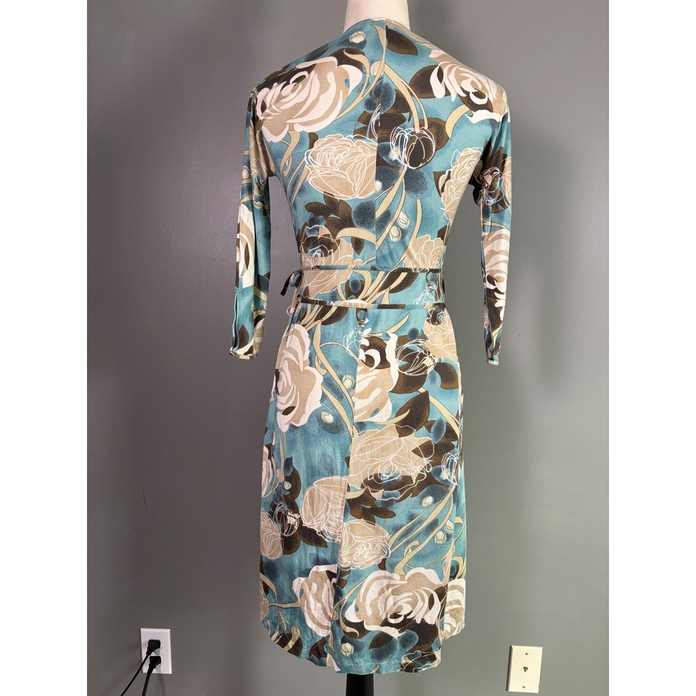 Vintage Y2K Banana Republic Wrap Dress XS Silk Cotton Floral Teal Brown Lorelai - Picture 2 of 10